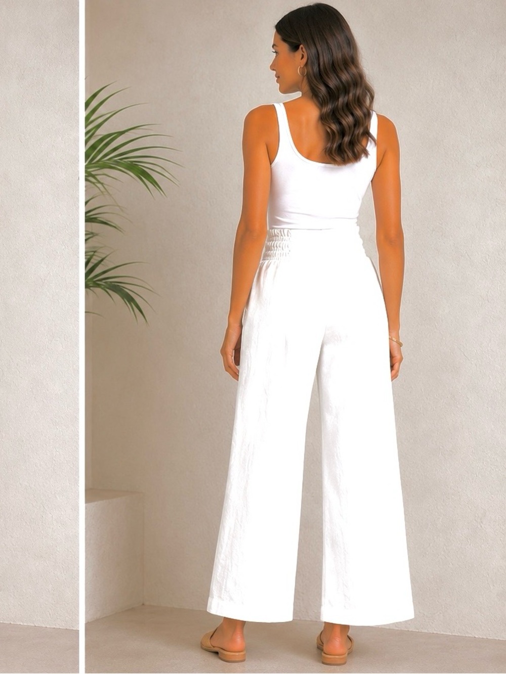 Sigrid Olsen White Wide-Leg Smocked-Waist Pants - Picture 6 of 12
